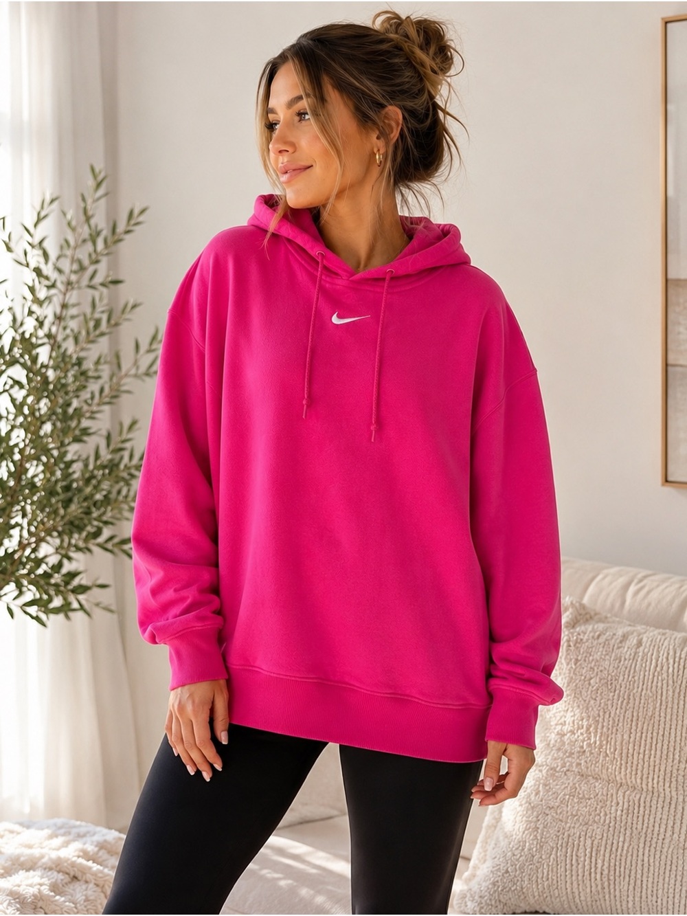 Nike Oversized Fleece Hoodie Hot Pink Embroidered Swoosh Women’s M Dorm Ready